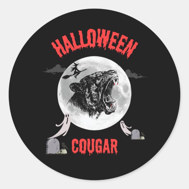 Sticker Rond american cougar on halloween night with crows (Devant)