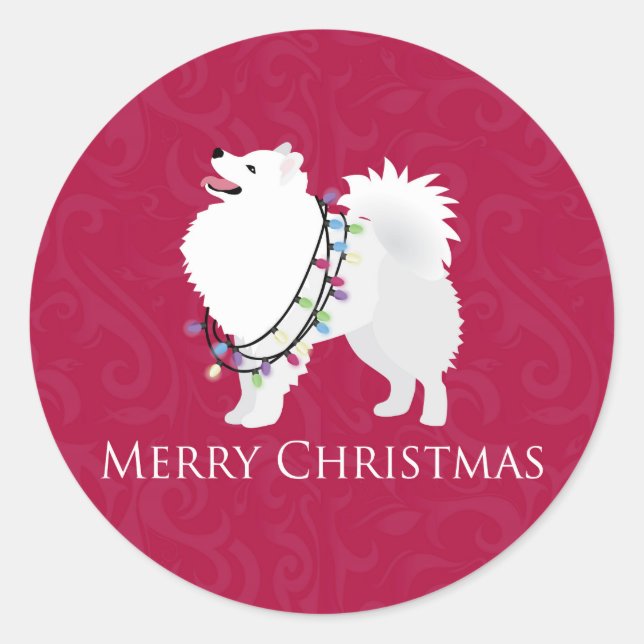 Sticker Rond American Eskimo Chien Joyeux Noël Design (Devant)