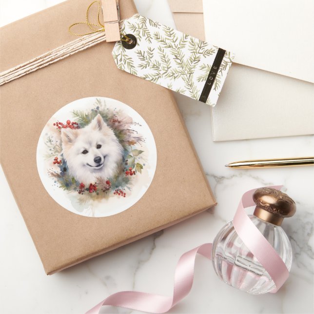 Sticker Rond American Eskimo Christmas Wreath Festive Pup (Cadeaux)