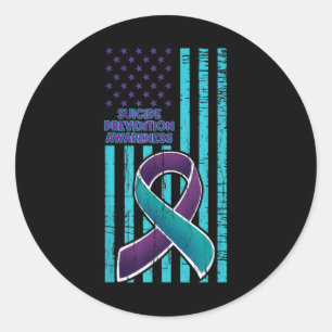 Sticker Rond American Flag Ruban Suicide Santé mentale Turquois