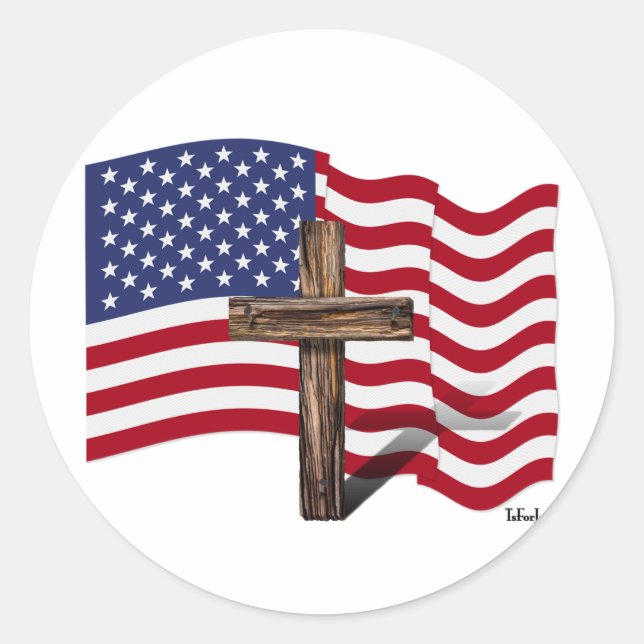 Sticker Rond American Flag Waving and Rugged Cross (Devant)
