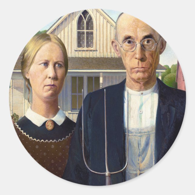 Sticker Rond American gothique classique peinture Grant Wood (Devant)