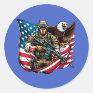Sticker Rond American Soldier Eagle USA Drapeau Patriotique Art