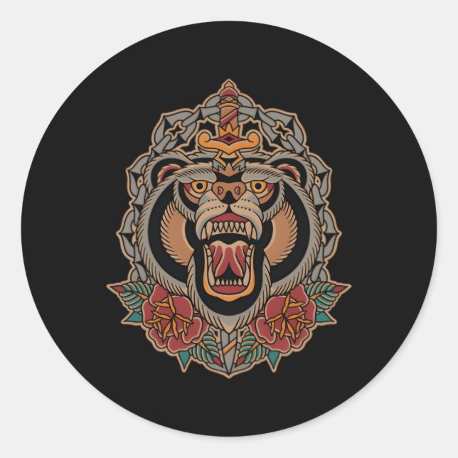 Sticker Rond American Traditionnelle Tatouage Flash Ours Old Sc (Devant)