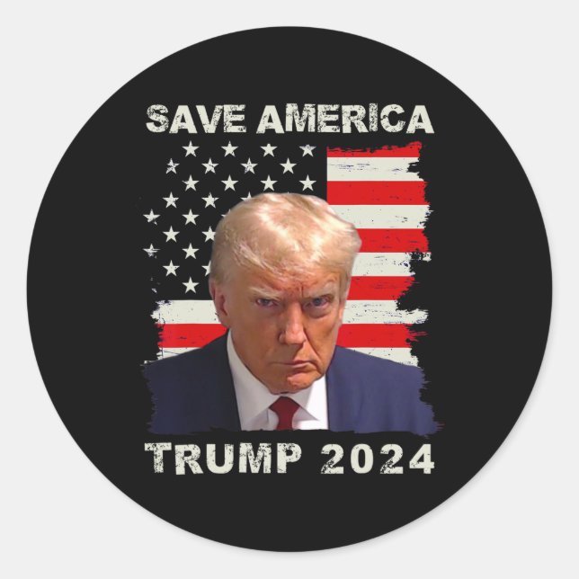 Sticker Rond Amérique Libérez Trump Mug Shot 2024 drapeau améri (Devant)