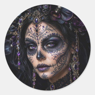 Sticker Rond Améthyste Orchidée Calavera – Crâne de Sucre Gothi