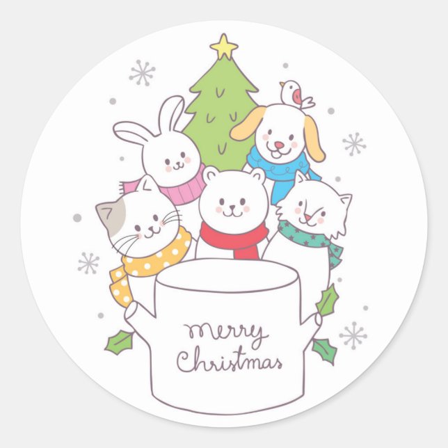 Sticker Rond Amis des animaux de Noël mignons | Fêtes de Noël (Devant)