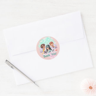 Sticker Rond Amis sirènes turquoise rose sous l'océan Merci