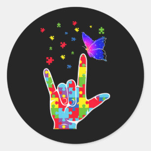Sticker Rond Amour Asl Langue Des Signes Puzzle Papillon Autism