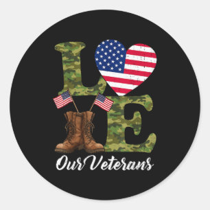 Sticker Rond Amour de nos vétérans Drapeau américain Cœur Patri