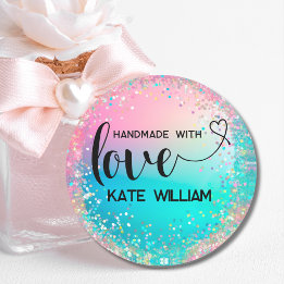 Sticker Rond Amour fait main paillettes holographiques pastel c