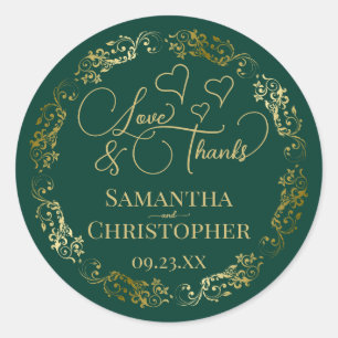 Sticker Rond Amour & Merci Élégant Emerald Green & Gold Mariage