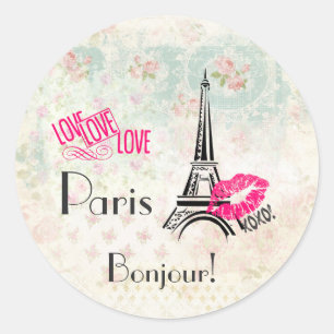 Sticker Rond Amour Paris avec Tour Eiffel en Motif Vintage