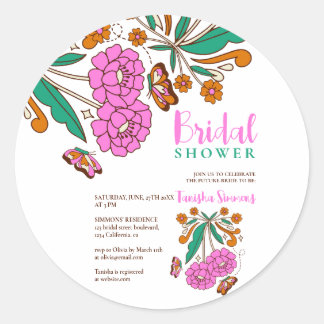 Sticker Rond Amoureux de papillons rose floral script Mariage