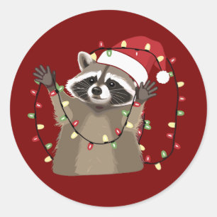 Sticker Rond Amoureux du raton laveur Lumières de Noël Animal C