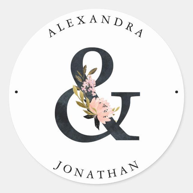 Sticker Rond Ampersand élégant | Mariage noir et blanc (Devant)