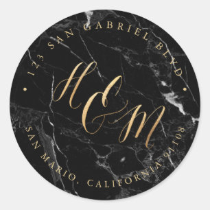 Sticker Rond Ampersand Monogramme Calligraphie Faux Gold Marble