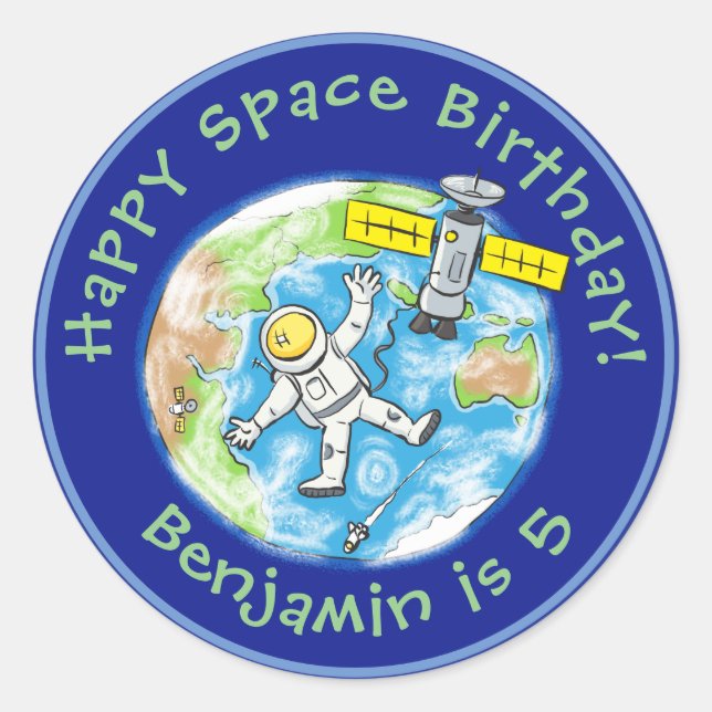 Sticker Rond Amusant astronaute avec satellite sur terre dessin (Devant)