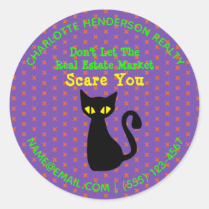 Sticker Rond Amusant Chat Noir Immobilier Halloween