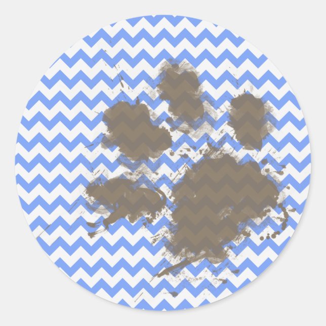 Sticker Rond Amusant Empreinte de patte boueux sur Blue Chevron (Devant)