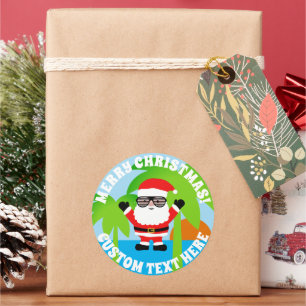 Sticker Rond Amusant été Santa Claus dessin de Noël tropical
