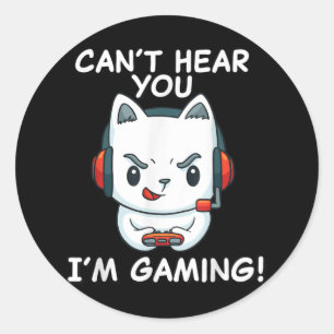 Sticker Rond Amusant gamer Chat avec casque ne peut pas vous en