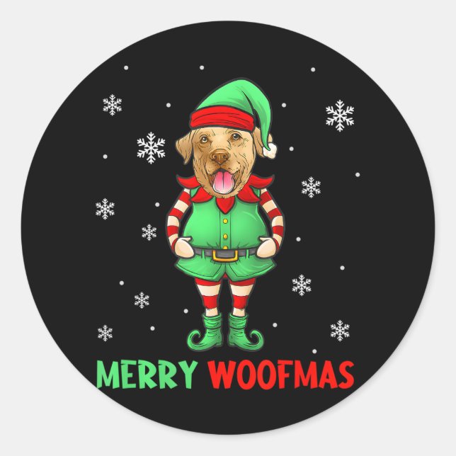 Sticker Rond Amusant Labrador Retriever Elf Merry Woof Mas (Devant)