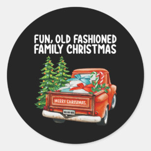 Sticker Rond Amusant Vieux Mode Famille Camion de Noël Arbre