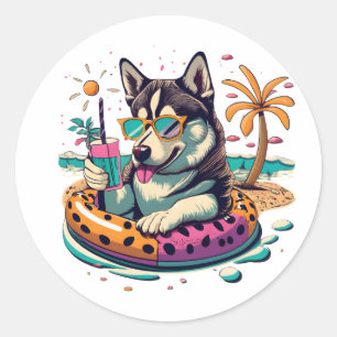 Sticker Rond Amusement d'été avec un Cool Husky Dog mignon en p