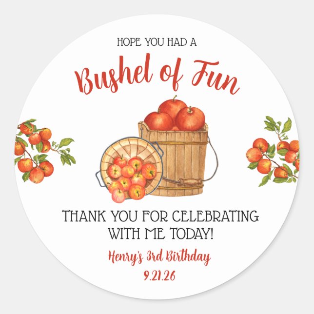 Sticker Rond Amusons-nous un Bushel de plaisir ! Fête d'anniver (Devant)