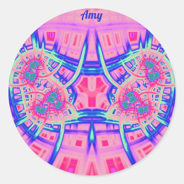 Sticker Rond AMY ~ Bleu rose et vert BRIGHT AMUSANT! ~ (Devant)
