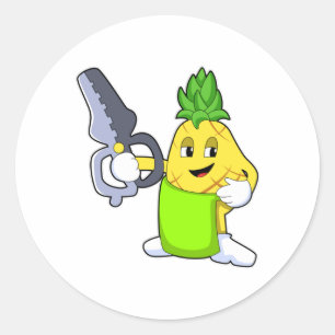 Sticker Rond Ananas comme coiffeur avec ciseaux et razor