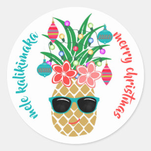 Sticker Rond Ananas Hawaïen Tropical Mele Kalikimaka