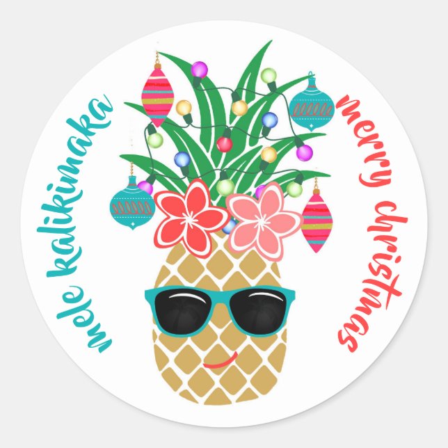 Sticker Rond Ananas Hawaïen Tropical Mele Kalikimaka (Devant)