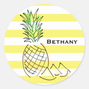 Sticker Rond Ananas Jaune rayures été Personnalisé