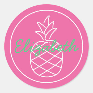 Sticker Rond Ananas rose et vert Preppy Personnalisé