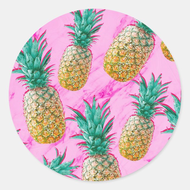 Sticker Rond Ananas Tropical & Marbre Rose Chic Party Favoriser (Devant)