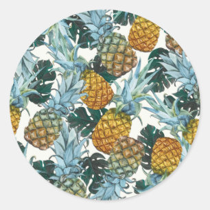 Sticker Rond Ananas Tropicaux et Feuilles Fête d'Anniversaire E