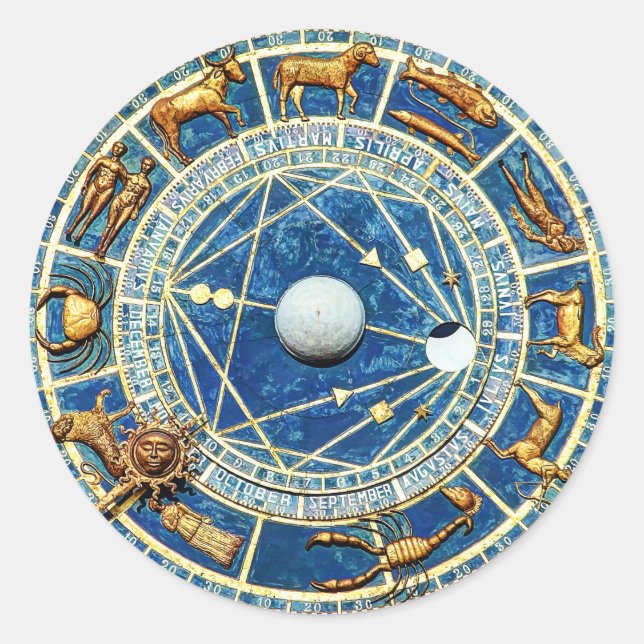 Sticker Rond Ancien Monde Céleste Bleu Zodiaque Astrologie Roue (Devant)