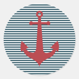 Sticker Rond Ancrage marin rouge sur l'arrière - plan bleu rayé