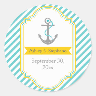 Sticker Rond Ancre aqua, mariage nautique jaune Enregistrer la 