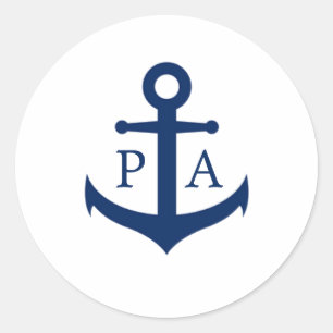 Sticker Rond Ancre bleu marine Monogramme Mariage nautique