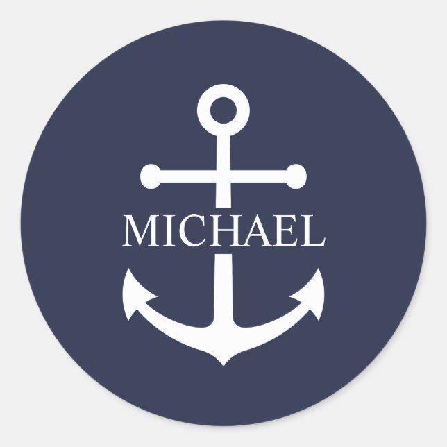 Sticker Rond Ancre bleue marine Nom personnalisé (Devant)