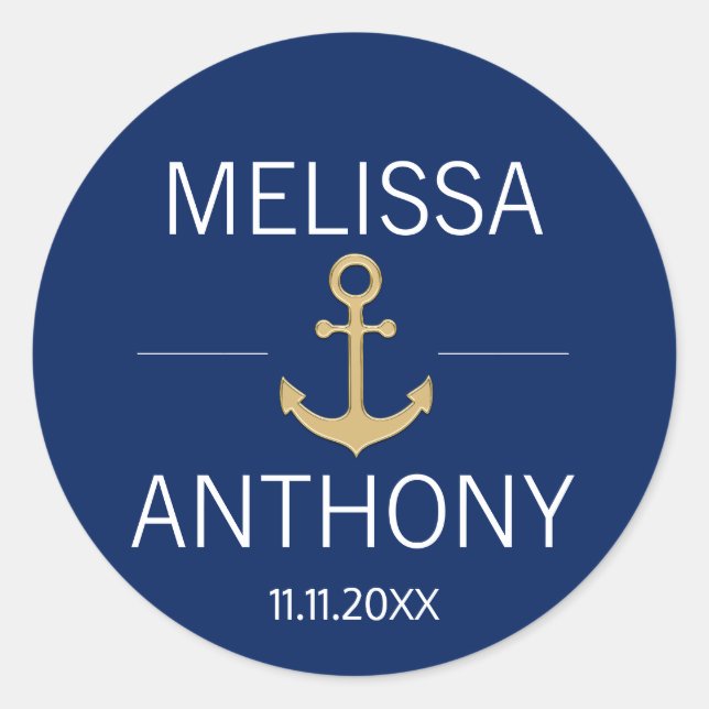 Sticker Rond Ancre d'or bleu marine Mariage blanc (Devant)
