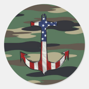 Sticker Rond Ancre du drapeau américain sur Camo