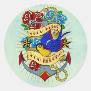 Sticker Rond Ancre, hirondelle et roses