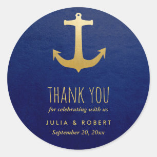 Sticker Rond Ancre Mariage Merci  Blue Faux Gold