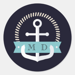 Sticker Rond Ancre marine moderne Mariage de monogramme nautiqu