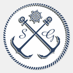 Sticker Rond Ancre Monogrammes, mariage nautique enveloppe les 