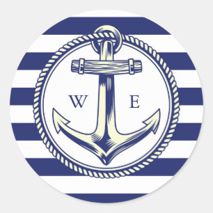 Sticker Rond Ancre nautique Bleu marine Rayures